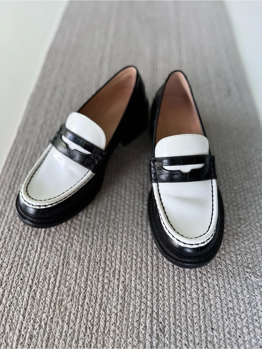 J. Crew Coin Loafers Black and White Croc Embossed Leather Loafers Size 7.5